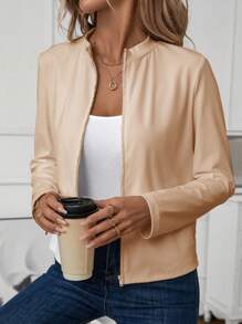 SHEIN LUNE Women's Casual Zip-Up White Yoga Jacket - كاكي - مشاهدة 6