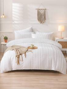 Bộ chăn ga gối 2/3 món, màu trắng, mềm mại và ấm áp, thân thiện với da, họa tiết sọc lượn sóng màu trơn, thoải mái, chống xù lông, bao gồm vỏ chăn và vỏ gối (kích cỡ S), không bao gồm chăn bông, phù hợp với giường đơn, giường đôi, giường cỡ Queen, giường cỡ King, nhiều kích cỡ có sẵn, có thể giặt máy, phù hợp cho mùa tựu trường, trang trí mùa thu, trang trí phòng ngủ. - trắng - Xem 10