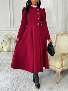 Lyxana Damski zimowy płaszcz z bufiastymi rękawami i guzikami, długi elegancki wełniany - Burgund - Zobacz 6