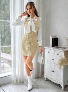 SHEIN Privé Spring & Autumn Elegant Color-Block Tie Collar Dress - Apricot - View 5