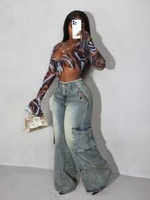 Slaydiva 前扣多口袋破洞下摆休闲牛仔裤