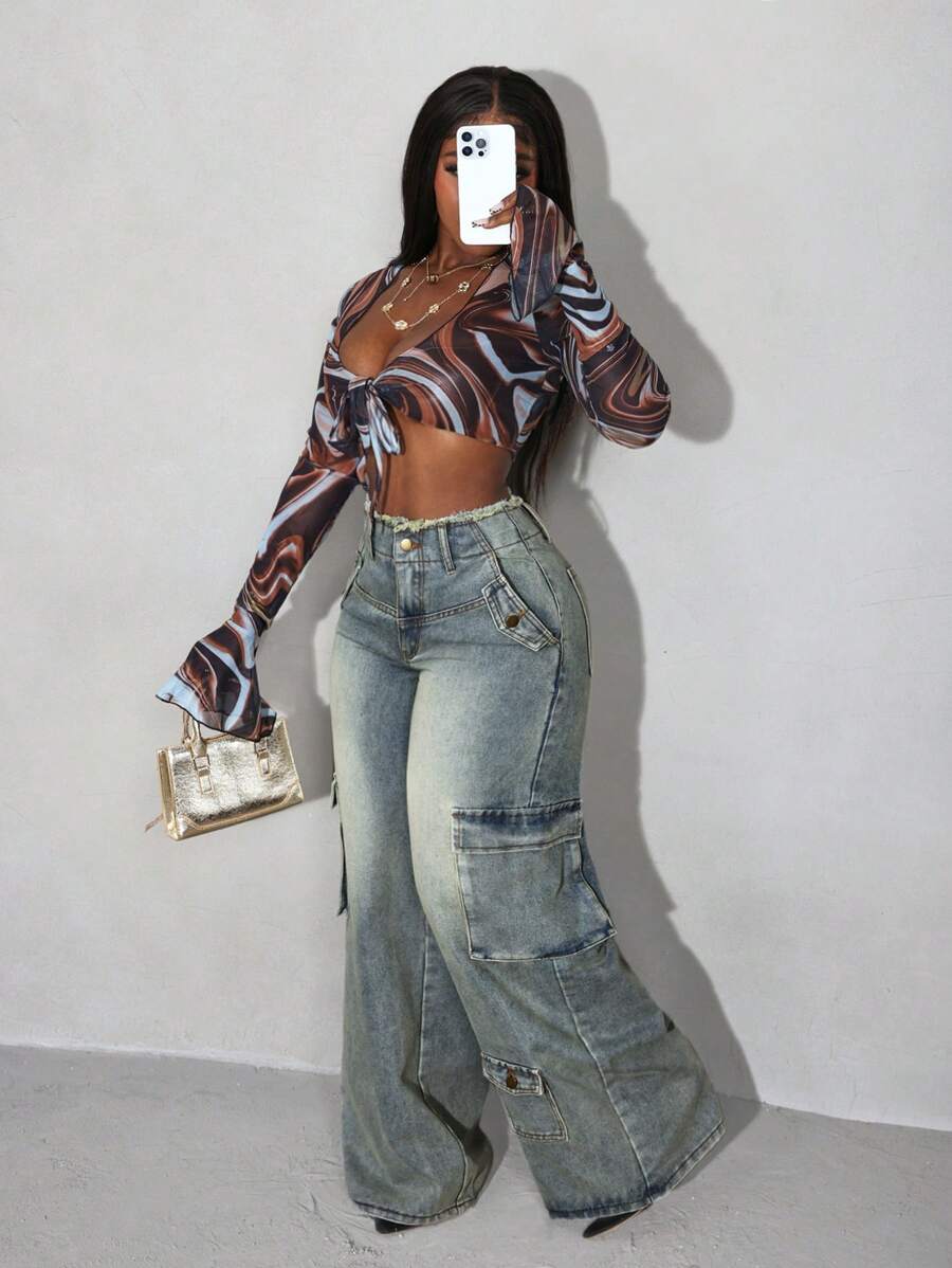 Slaydiva 前扣多口袋破洞下摆休闲牛仔裤