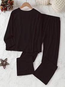 SHEIN 2 件套 Tween Girls 舒适黑色蝴蝶结印花休闲运动衫和裤子家居服套装 - 黑色 - 查看 2