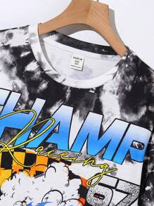 SHEIN Tween Boy Casual Street Tie-Dye Racing Car Print T-Shirt, Suitable For Commute, School, Daily Casual Wear, Sports, Autumn Winter Season - White - View 5