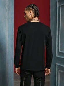 ANNABELLE x SHEIN 男女款单件休闲暗黑朋克风格恐怖人物和字母印花长袖 T 恤，秋季 - 黑色 - 查看 2