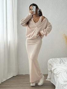 SHEIN EZwear 2 Stück Set für Damen bestehend aus einfarbiger Kapuzenjacke mit Reißverschluss vorne und lässigem Kleid