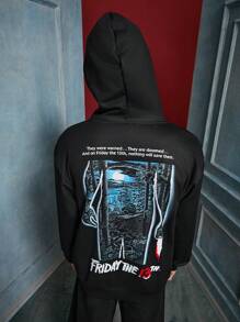 WB Horror X SHEIN Sudadera con capucha casual suelta para hombres con estampado de salpicaduras y máscara tipo Jason