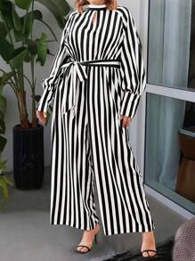 Plus Size Stand Collar Long Sleeve Belted Striped Casual Jumpsuit