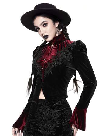 Goth Women's Velvet & Contrast Lace Puff Sleeve Jacket, Elegant Design