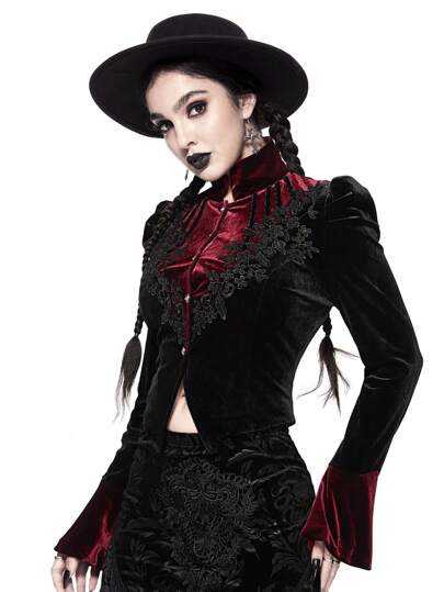 Goth Chaqueta de manga abullonada de terciopelo y encaje en contraste, diseño elegante para mujer