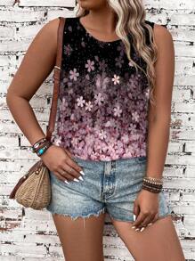 EMERY ROSE 大码女款夏季休闲樱花印花背心 - 黑色 - 查看 5