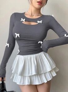 DAZY New Arrival Autumn Bow Decor Slim Fit T-Shirt For Women Long Sleeve Women Tops - Grey - View 4