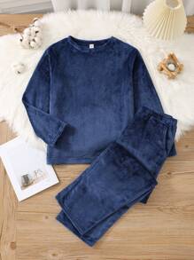 SHEIN 2 件青少年男童简约柔软法兰绒长袖睡衣套装（含裤子），秋冬季 - 藏蓝色 - 查看 1