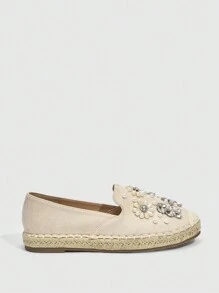Styleloop Damen schwarze Perlenblumen- und Strass-Dekorations-Seil-Boden Fischer-Flachschuhe für Sommer, Weihnachten, Herbst, Neujahr, Valentinstag