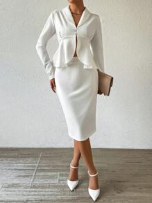 Chiquease Conjunto elegante blanco para mujer - Parte superior con dobladillo asimétrico y falda ajustado con volantes - Blanco - Ver 6