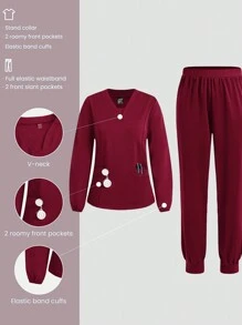 TaskEZ 勃艮第红色女士哑光制服手术套装，宽松哑光 V 领长袖弹力袖口上衣和弹力腰部 2 口袋哑光裤子，冬季哑光工作服 - 酒紅色 - 查看 2