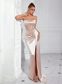 ADYCE Women's Tube Top Fishbone Pleated Modified Ruched Cut-Out Sheer Waist Long Ribbon Backless Prom Long Party Dress, Formal Evening Dress, For Wedding Guest, Graduation, Dinner,Gown