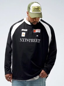 Mainfolk Men's Plus Size Casual Knit Embroidery Patch Raglan Sleeve Patchwork Long Sleeve T-Shirt, Everyday Wear - Multicolor - View 1