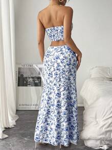 Pariaura Shirred Bandeau Top & Split Maxi Skirt With Ditsy Floral, Summer Outfit For Women, 2 Pieces Set - Blue and White - View 2
