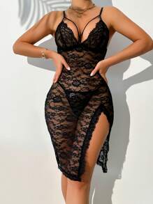 SHEIN 2 件性感黑色蕾丝女式睡衣内衣连衣裙 - 黑色 - 查看 2