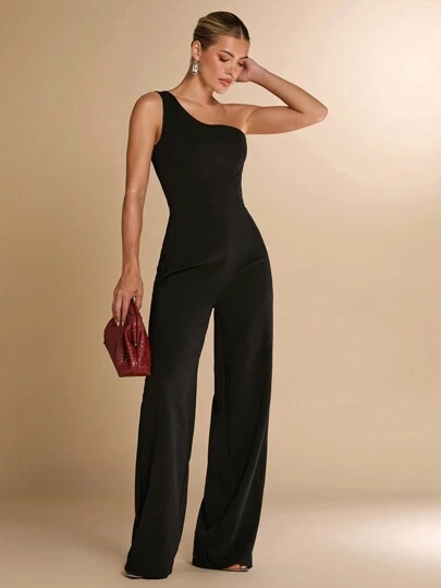 Macacão Preto e Branco Preto Sem Alças Skinny com Decoração Floral 3D, Elegante para Festa de Coquetel, Encontro Romântico, Camada Base de Outono/Inverno, Festa, Halloween, Natal, Elegantes Looks de Saída para Mulheres, Macacão com Ombro Assimétrico, Macacão de Perna Larga, Adequado para Encontros Casuais, Festas, Eventos em Roupas de Outono Verão para Mulheres/Roupas de Primavera/Traje do Dia dos Namorados/Carnaval/Roupa de Praia