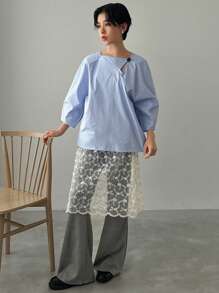 FRIFUL Blusa holgada con diseño hueco de manga farol de unicolor para mujer, primavera/verano - Celeste - Ver 2