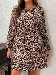 SHEIN LUNE Plus Size Round Neck Leopard Print Long Sleeve Casual Dress - Multicolor - View 4