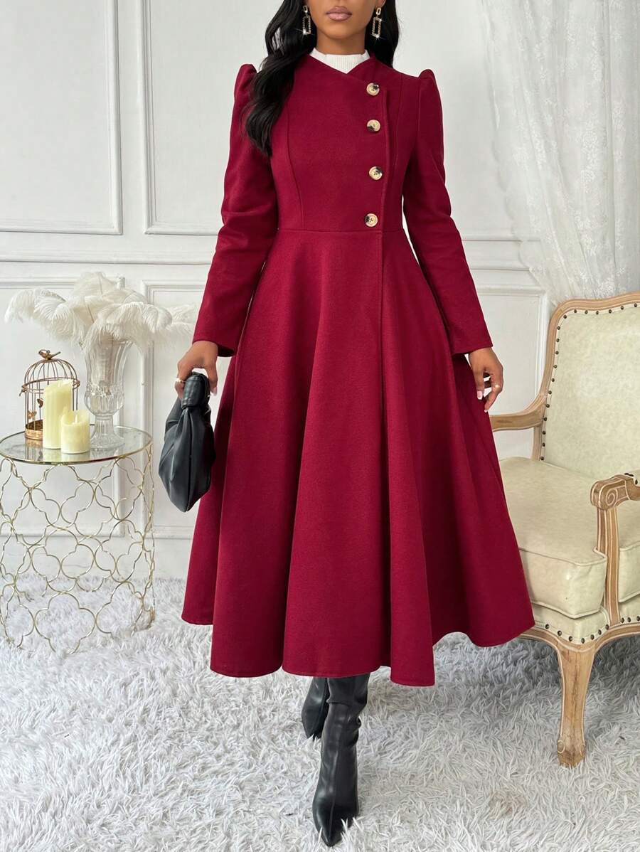 Lyxana Damski zimowy płaszcz z bufiastymi rękawami i guzikami, długi elegancki wełniany - Burgund - Zobacz 1
