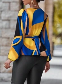 Chiquease V 领长袖全印花休闲衬衫 (随机印花) 荷叶边上衣