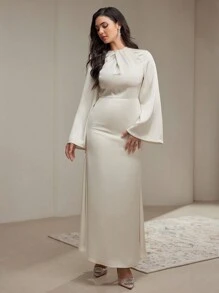 Veilorie Women's Solid Round Neck Long Sleeve Casual Simple Arabian Style Modest Dress - Apricot - View 7