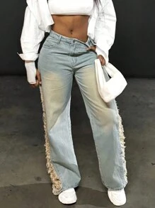 Quần jeans ống đứng rách hông phong cách retro thập niên 90, quần denim xanh dáng rộng cài nút, có khóa kéo, thích hợp cho mùa xuân và mùa thu, mặc thường ngày. - Màu xanh lam - Xem 3