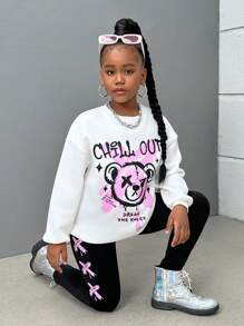 SHEIN Leap Crew Tuta sportiva in pile con girocollo e pantaloni, set per ragazze pre-adolescenti di - Bianco e nero - Visualizzare 6