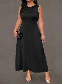 EMERY ROSE Vestido largo elegante de punto con cuello redondo, sin mangas y bolsillos laterales para mujer de talla grande, vestido midi negro elegante, vestido negro de longitud media para mujer - Negro - Ver 2