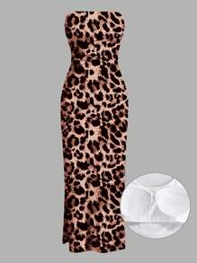 Slaydiva Váy Bandeau họa tiết da báo không cần áo ngực cho nữ, mùa hè - Gỗ đỏ - Xem 1