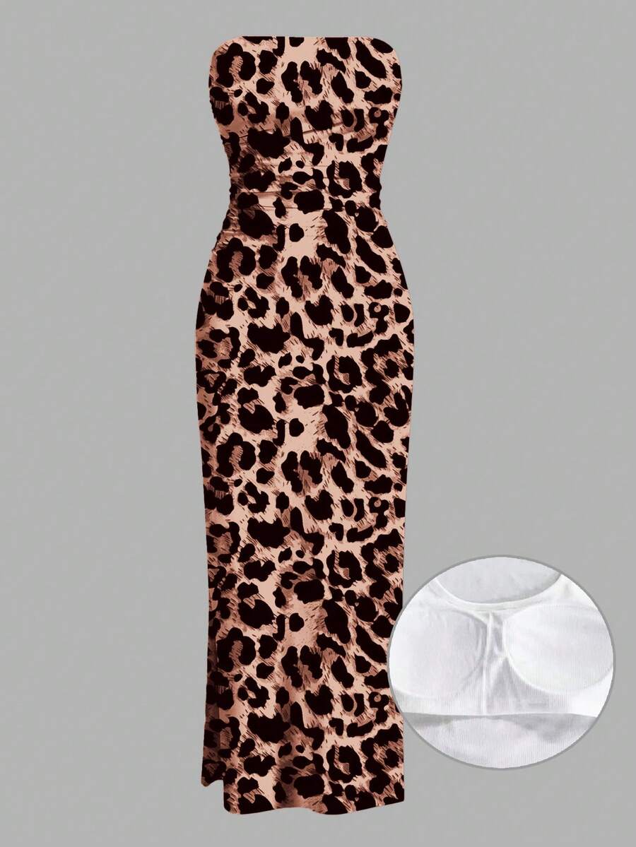 Slaydiva Váy Bandeau họa tiết da báo không cần áo ngực cho nữ, mùa hè - Gỗ đỏ - Xem 1