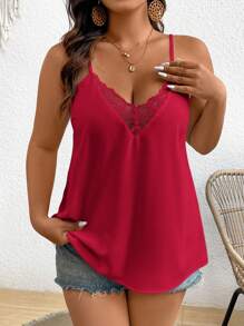 SHEIN Frenchy Plus Size Solid Color Lace Patchwork V-Neck Camisole Top - Burgundy - View 3