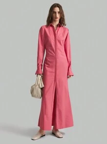 Ontre Women's Elegant Minimalist Light Pink Long Dress, Winter Cotton Fall Dresses