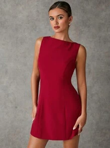 SHEIN BAE Vestito mini aderente senza maniche di colore tinta unita elegante per donna, abiti da cerimonia brevi, abiti da donna autunnali, abiti da donna rossi, abiti da donna borgogna, abiti da donna autunnali, abbigliamento casual da donna, vestito al ginocchio da donna autunnale, abbigliamento natalizio da donna