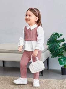 SHEIN 2pcs Baby Girl Casual Cute Knitted False 2-Piece Colorblock Collar Long Sleeve Top And Elastic Waist Pants Set - Multicolor - View 3