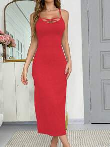 Sleeveless Lace Patchwork Slit Sexy Bodycon Dress - Red - View 4