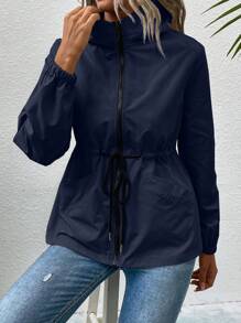 Chiquease Chaqueta casual con capucha, de unicolor, de manga larga y con cordón en la cintura para mujer, primavera y otoño - Azul Marino - Ver 6