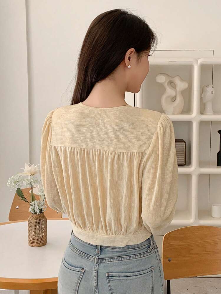 Ladies' Casual Business Solid Color Slim Fit Long Sleeve Corduroy Textured Short Blouse,Fall Clothes