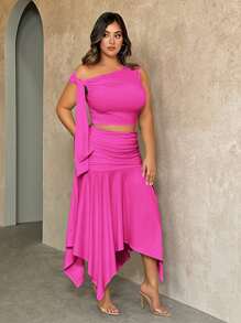 SHEIN BAE 大码女式甜美假期休闲约会浪漫针织抹胸和不对称下摆设计裙子 2 件套 - 玫紅色 - 查看 4