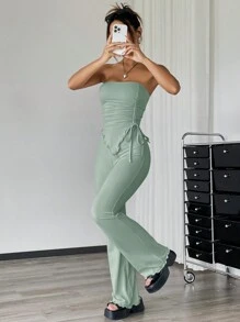 SHEIN EZwear 2pcs Women's Solid Ruched Bandeau Top And Flared Pants Set - Mint Green - View 5