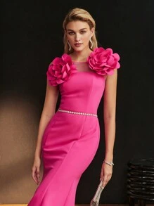 MOTF Soiréza BIG STEREO FLOWER DETAIL CONTRAST MESH YOKE MERMAID HEM FORMAL DRESS
