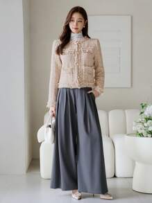 DAZY Women's Plaid Texture Long Sleeve Frayed Hem Jacket,Fall Clothes - Apricot - View 3