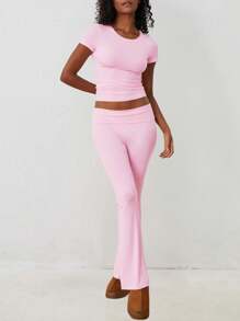 情人节休闲纯色修身短袖上衣和喇叭裤针织运动两件套