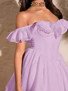 SHEIN BAE Đầm xòe ren hở vai màu trắng gợi cảm ngọt ngào cho nữ mùa hè tay lỡ xếp ly ngực viền ren ngọt ngào - Màu Lilac Tím - Xem 7