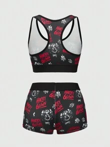 Harley Quinn | ROMWE Set composto da reggiseno sportivo con stampa a caratteri e lettere cartonati e slip boxy - nero - Visualizzare 2