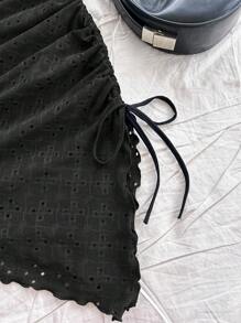 Soleia Women's White Textured Strapless Asymmetrical Hem Tie-Front Mini Dress, Suitable For Vacation, Wedding Season, Afternoon Tea, Layering In Fall/Winter - Black - View 3